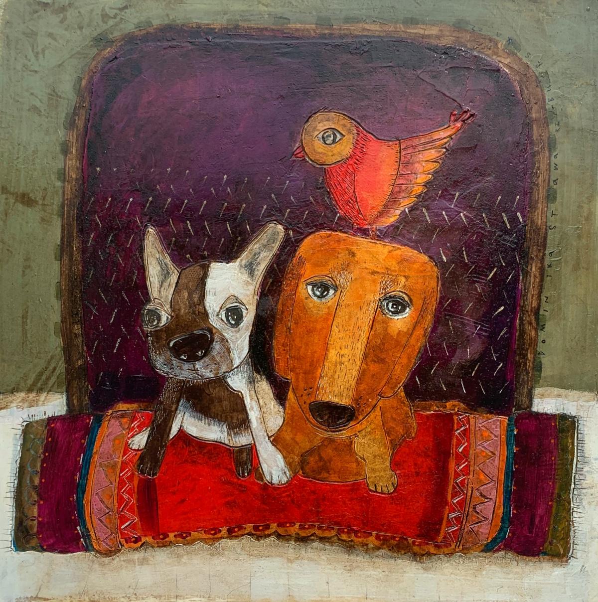 Dominika Stawarz-Burska Figurative Painting - On my head . Contemporary figurative mixed media, Dogs, Animals, Polish art