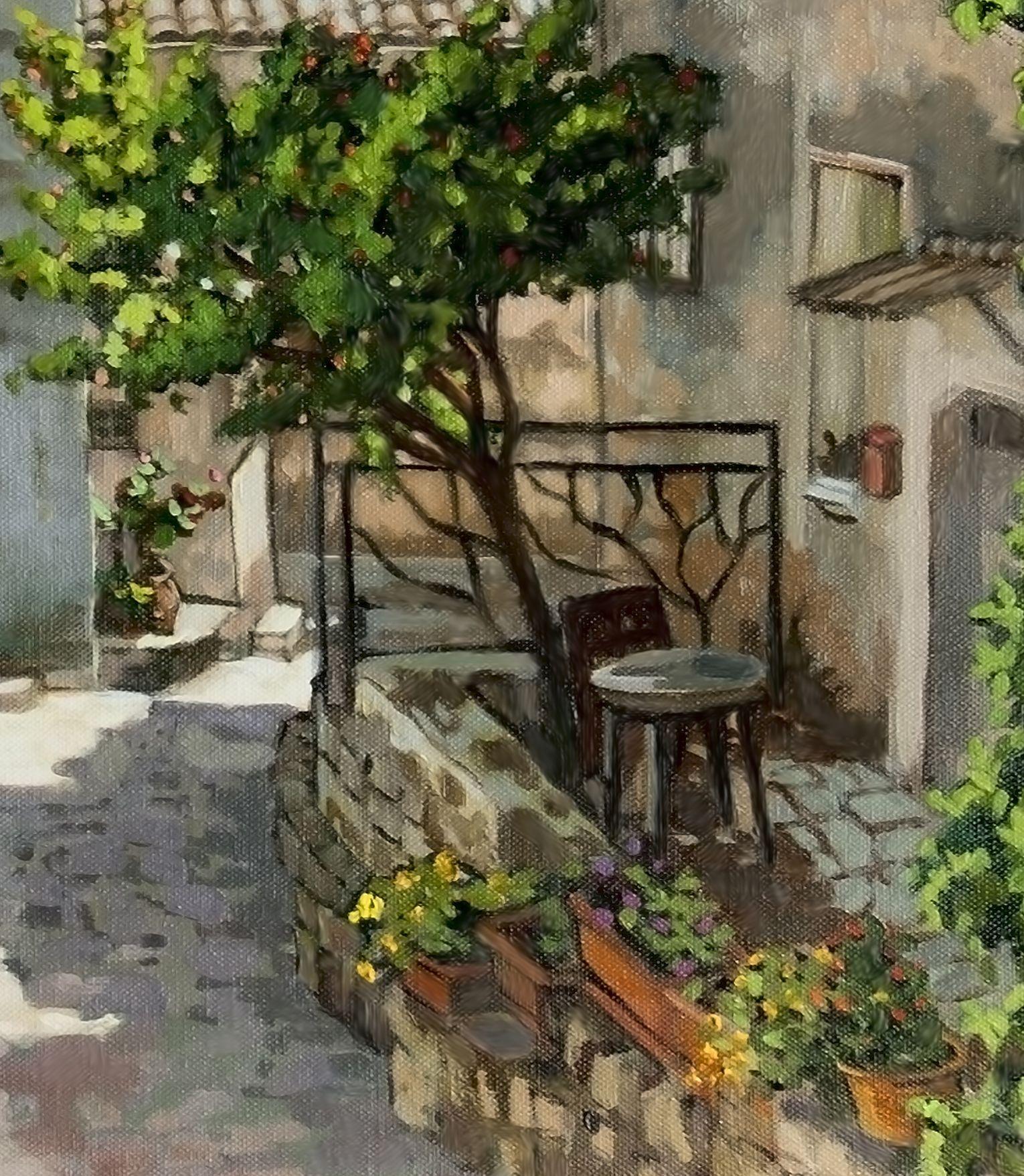 Oil painting on linen canvas painted on location, in Provence, France.  Carriero Du Pourtegue, is the name of a village in Provence, France, also called Carros. This is painted on location, in Summer in the old village. Carros is a very old commune