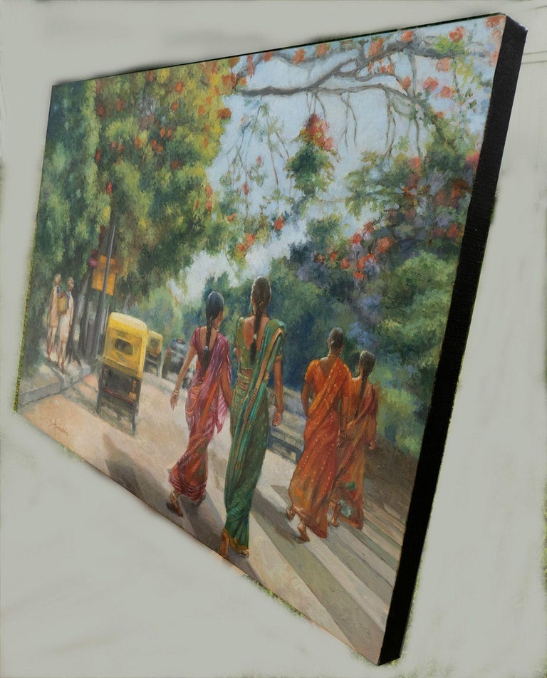 Dominique Amendola India Street Scene In Flowery Bangalore, Painting, Oil on Canvas For Sale