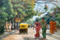 India Street Scene In Flowery Bangalore, Painting, Oil on Canvas