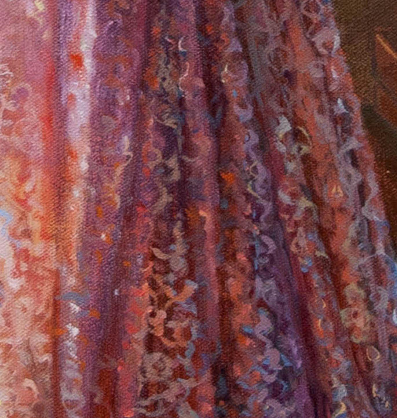 A young girl is gazing through the window. She is wearing a pink lace dress and is surrounded by luxury. This is painted from the life model. She stands, holding the front of her dress with the other hand on her back. We do not see what she