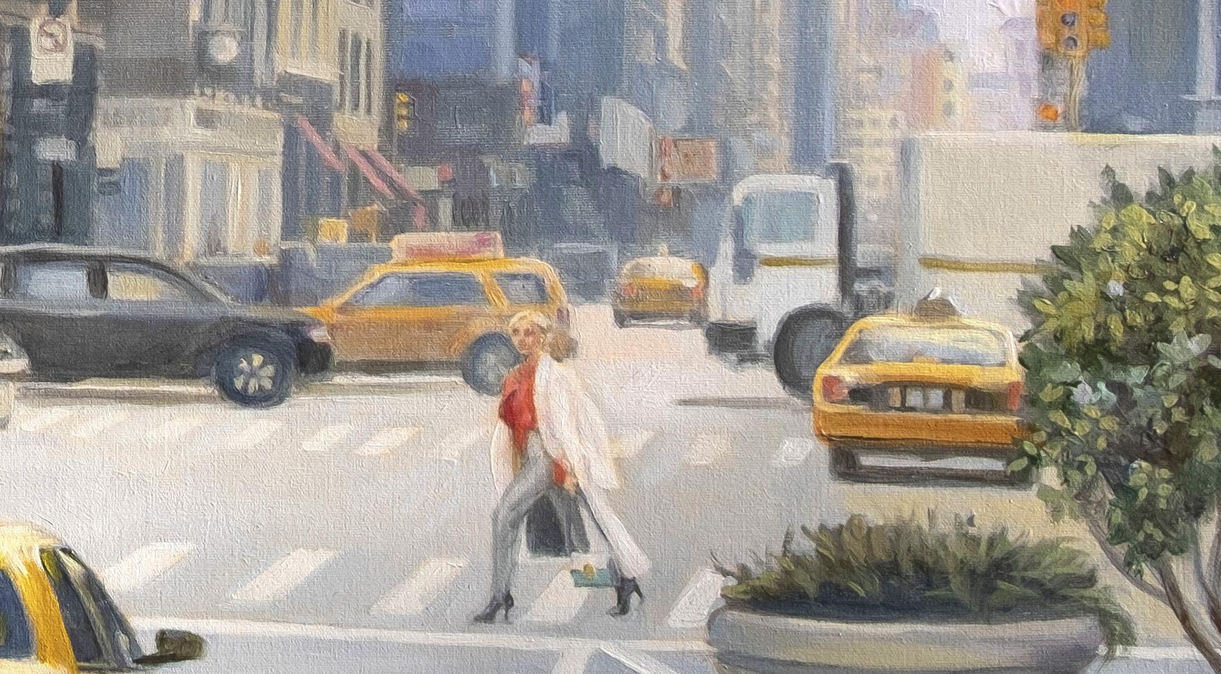 Original oil painting on canvas.  This is a street scene in Manhattan New York with pedestrians crossing and walking and a yellow cab, an original oil painting on canvas. In the middle of the painting, stands the old Flatiron Building, on Fifth