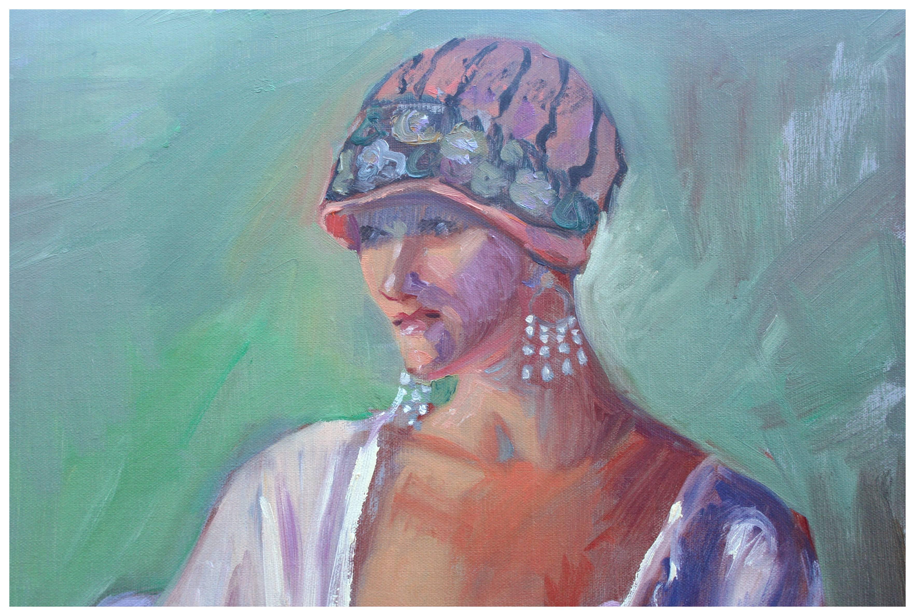 Retrato de mujer de púrpura - Figurativa femenina parisina Art Decó - Painting de Dominique Amendola 