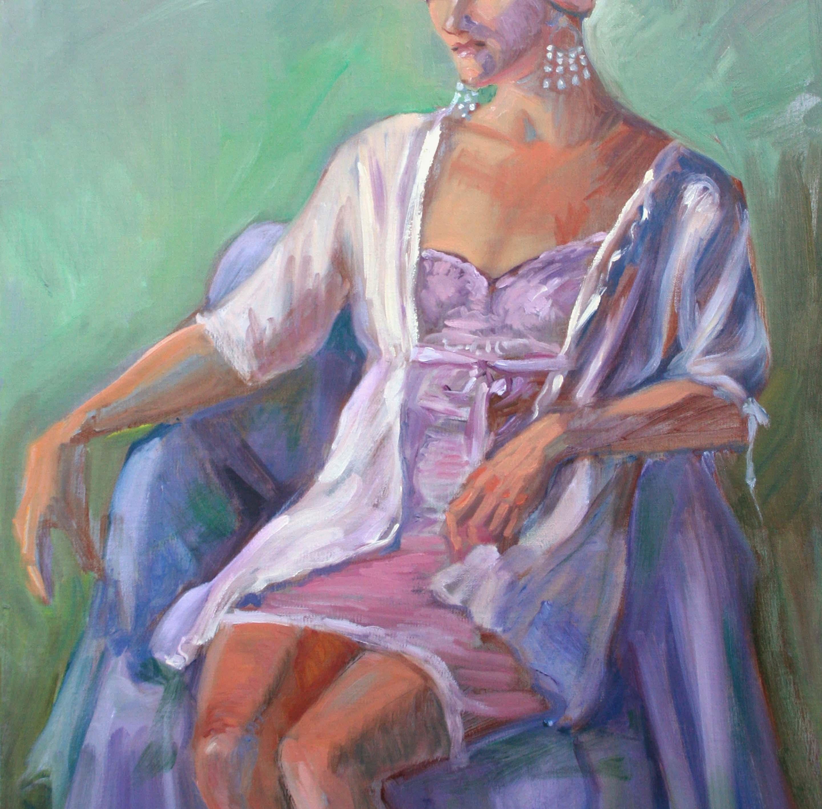 Portrait of a Woman in Purple - Parisian Art Deco Female Figurative

Colorful and quirky art deco style figure painting of a seated Parisian woman dressed in light purple with decorative hat and dangling earrings by listed artist Dominique Amendola