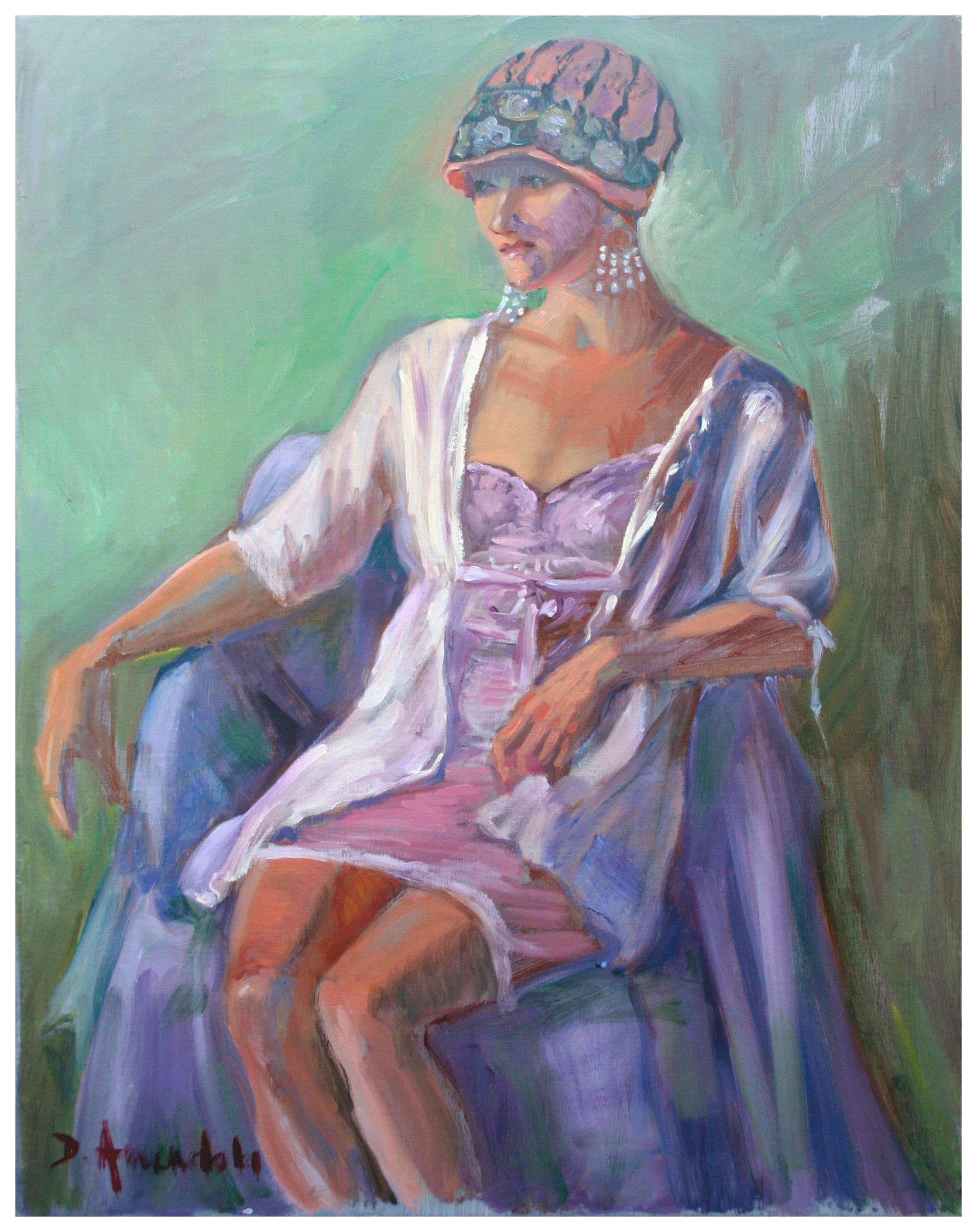 Dominique Amendola  Portrait Painting – Porträt einer Frau in Violett – Pariser Art déco-Figuratives weibliches Porträt