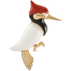 Dominique Arpels 18 Karat Gold Diamond, Onyx and Carnelian Woodpecker Bird