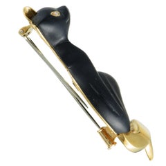Dominique Arpels 18 Karat Yellow Gold 2 Diamond and Black Crystal Cat Brooch