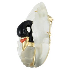 Dominique Arpels 18 Karat Yellow Gold Coral, Onyx and Crystal Swan Brooch
