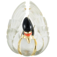 Dominique Arpels 18 Karat Yellow Gold Coral, Onyx and Crystal Swan Brooch