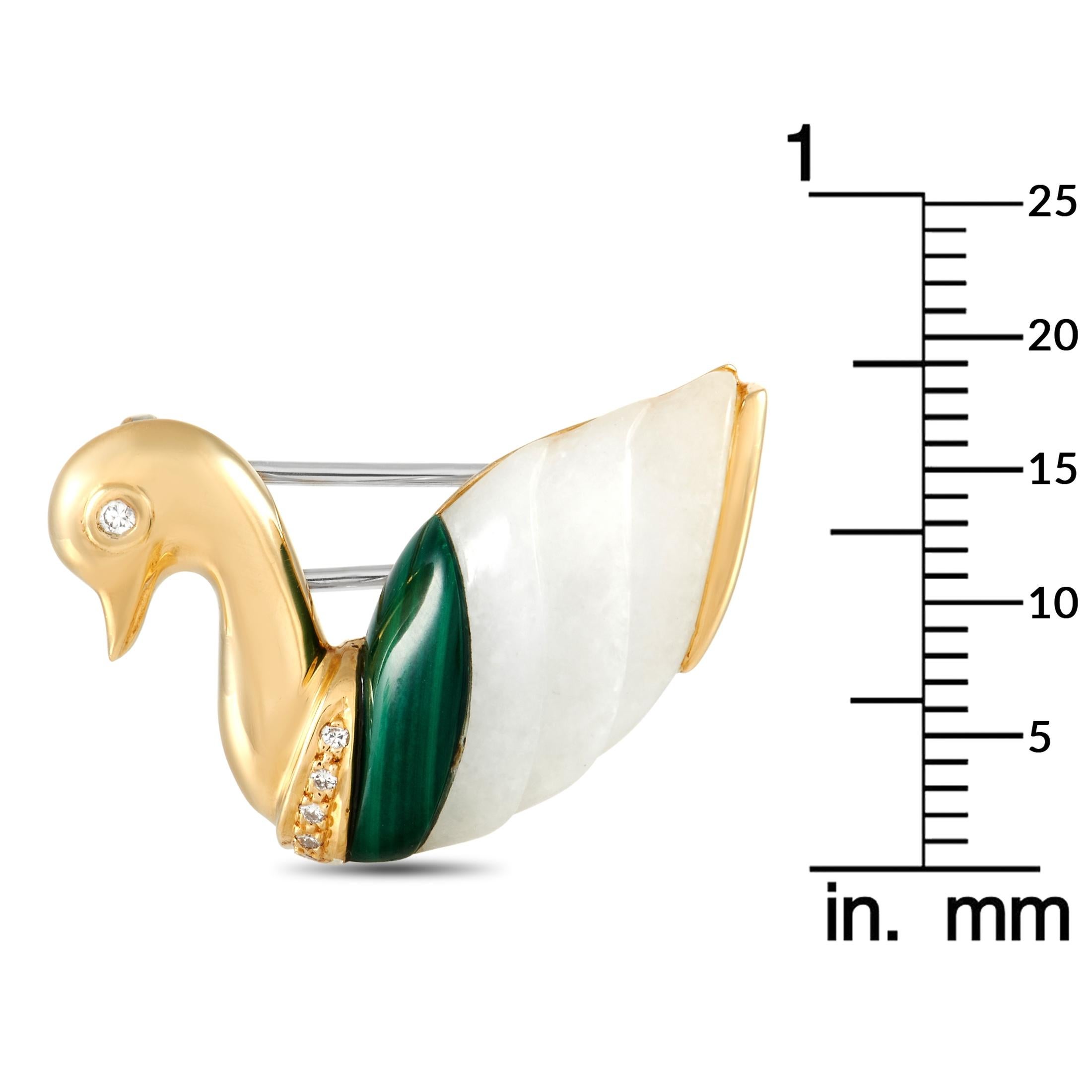 Round Cut Dominique Arpels 18K Yellow Gold Diamond, Malachite and Jade Swan Brooch