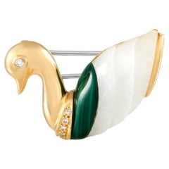 Dominique Arpels 18K Yellow Gold Diamond, Malachite and Jade Swan Brooch