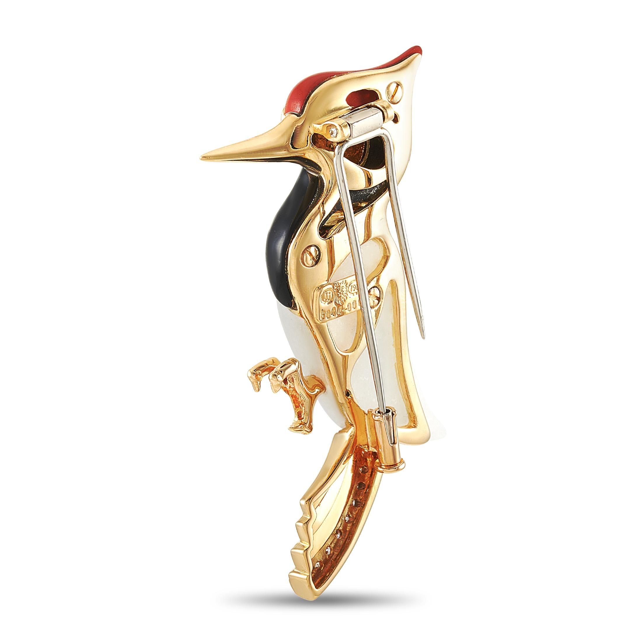 This Dominique Arpels bird brooch is made of 18K yellow gold and embellished with diamonds, onyx, and carnelian. The brooch weighs 16.1 grams and measures 2” in length and 1.50” in width.
 
 Offered in estate condition, this jewelry piece includes a