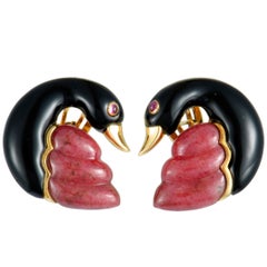Vintage Dominique Arpels Ruby Onyx and Pink Tourmaline Swan Yellow Gold Omega Earrings
