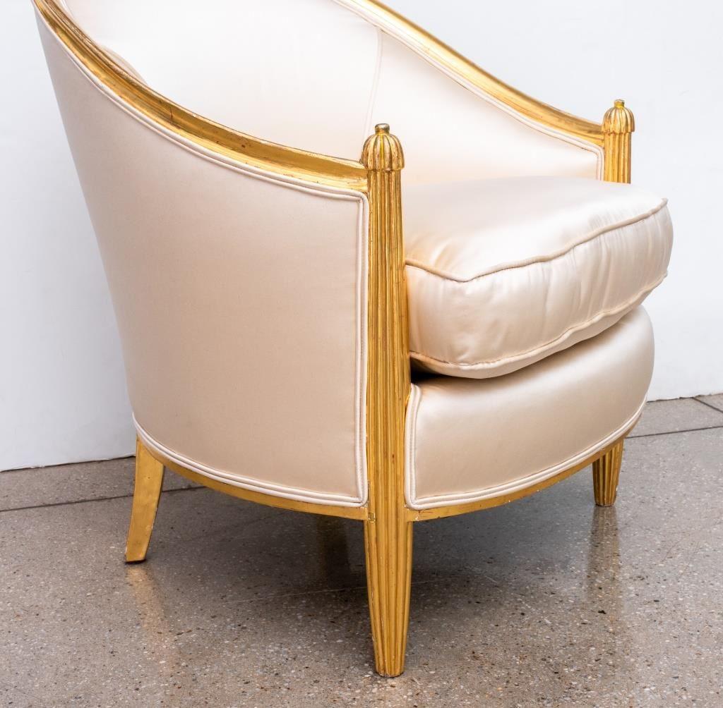 Satin Dominique Attr. Art Deco Gilt Wood Armchairs, Pair