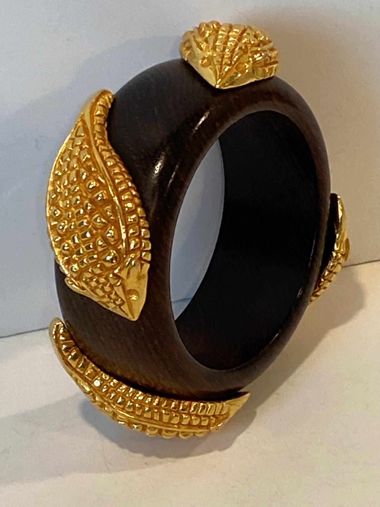 Dominique Aurientis 1980s Gilt Armadillo & Wood Bangle Bracelet In Excellent Condition For Sale In New York, NY
