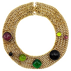 Dominique Aurientis 1980s Gold & Multi Color Glass Cabochon Collar Necklace