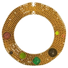 Dominique Aurientis 1980s Gold & Multi Color Glass Cabochon Collar Necklace
