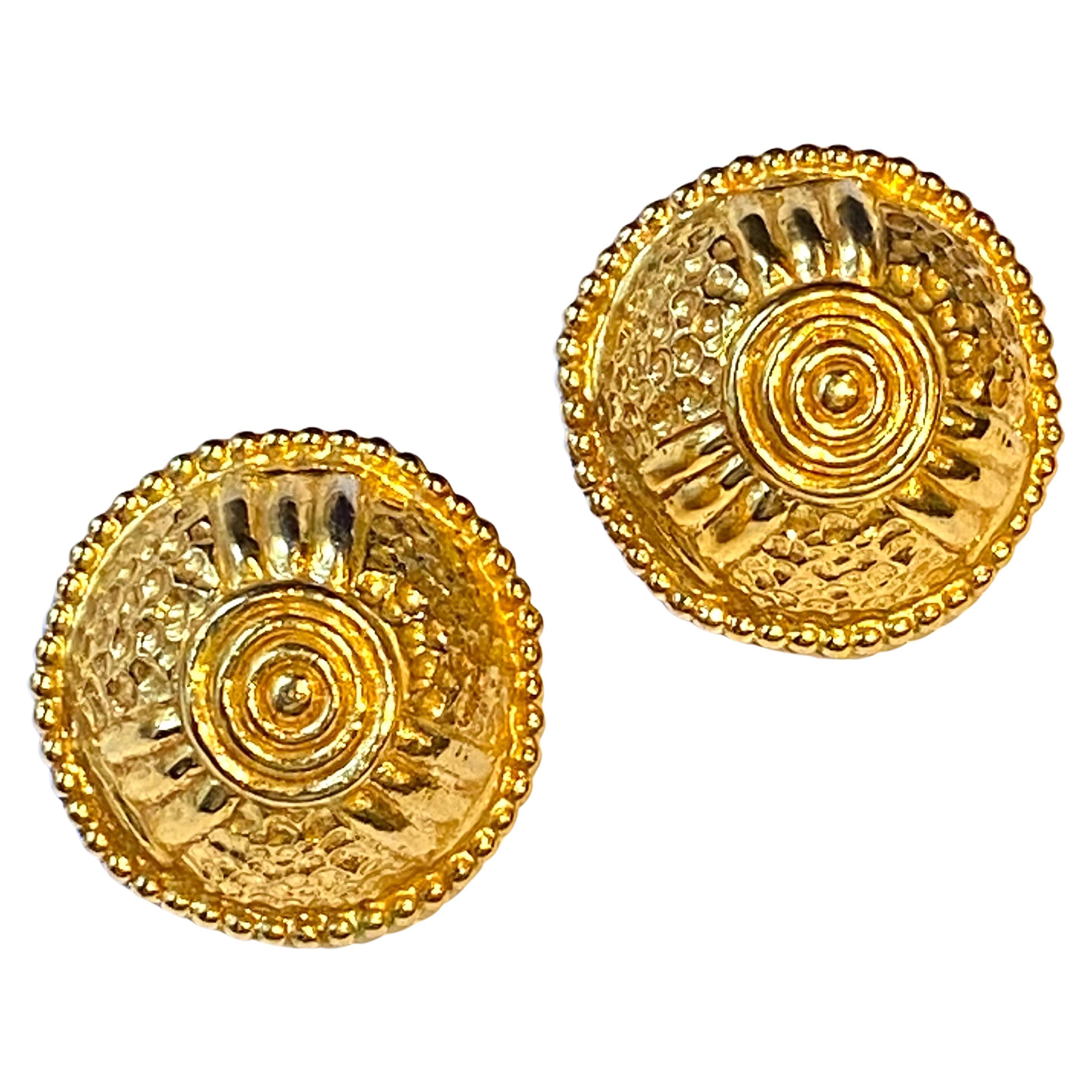Dominique Aurientis 1980s Large Gold Domed Etruscan Style Button Earrings