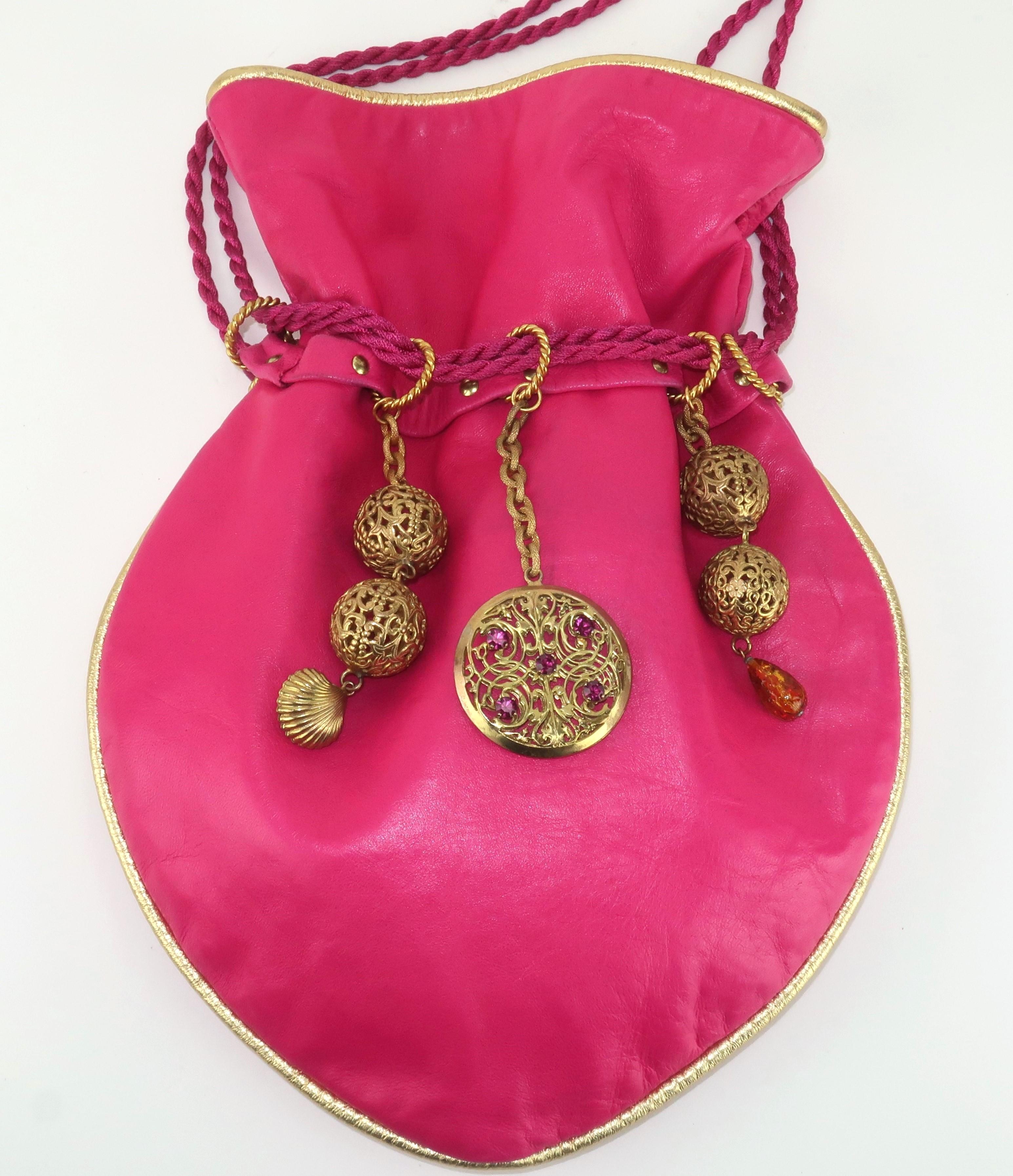 Dominique Aurientis Juwelenbesetzte Lederhandtasche mit Kordelzug, 1980er Jahre im Zustand „Gut“ im Angebot in Atlanta, GA