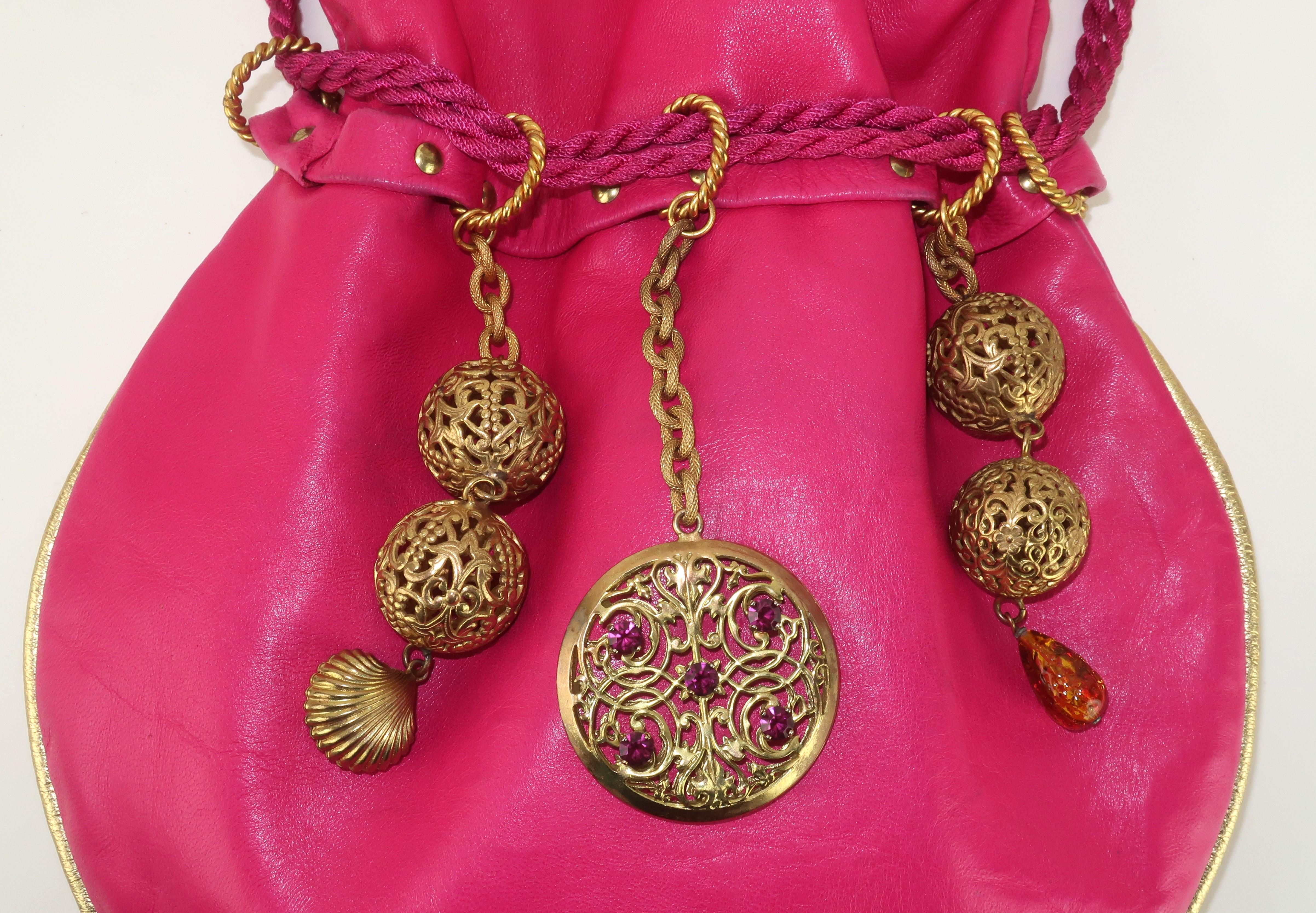 Women's Dominique Aurientis Bejeweled Leather Drawstring Handbag, 1980's For Sale