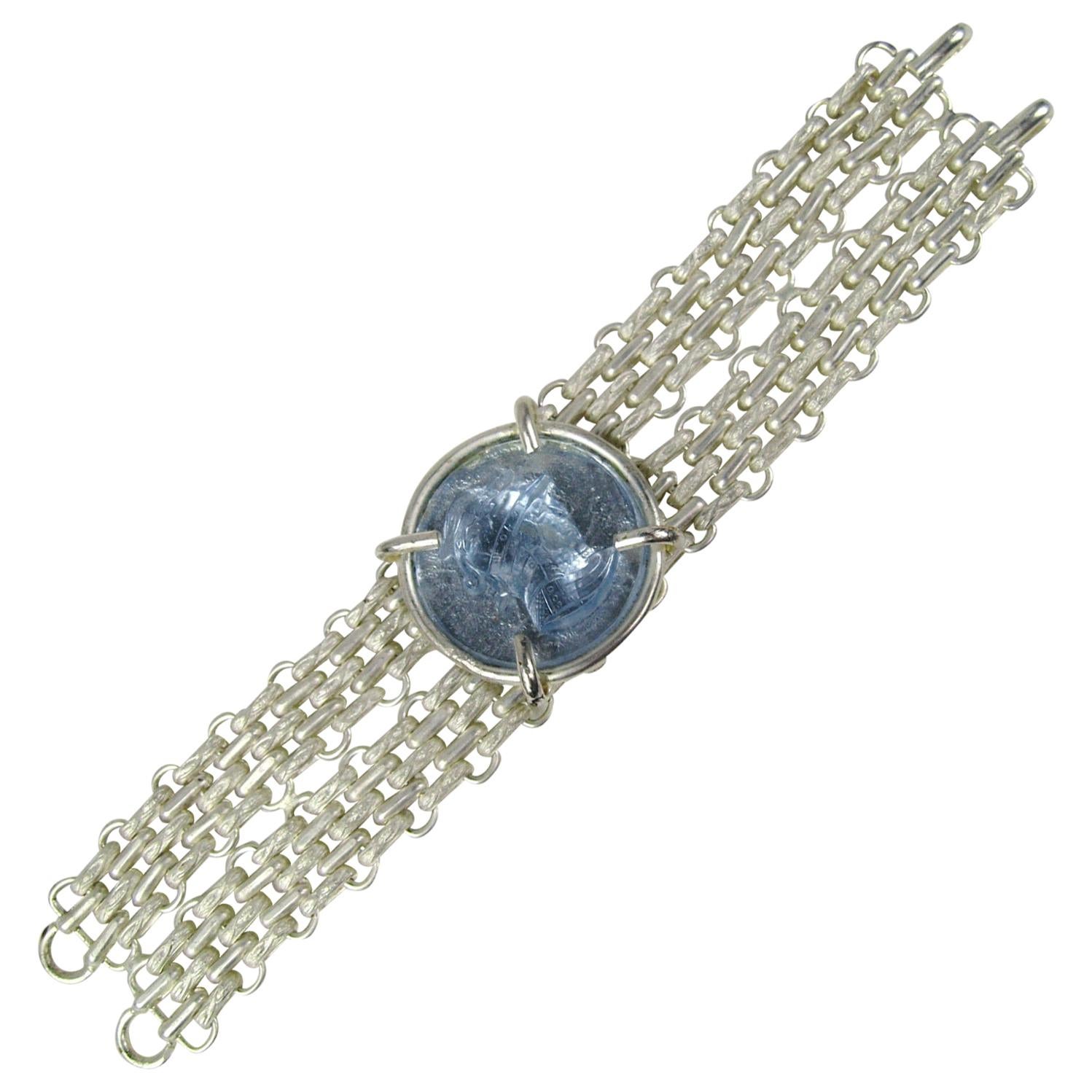 Dominique Aurientis Bracelet Silver Blue gripoix Glass Intaglio, 1980s For Sale