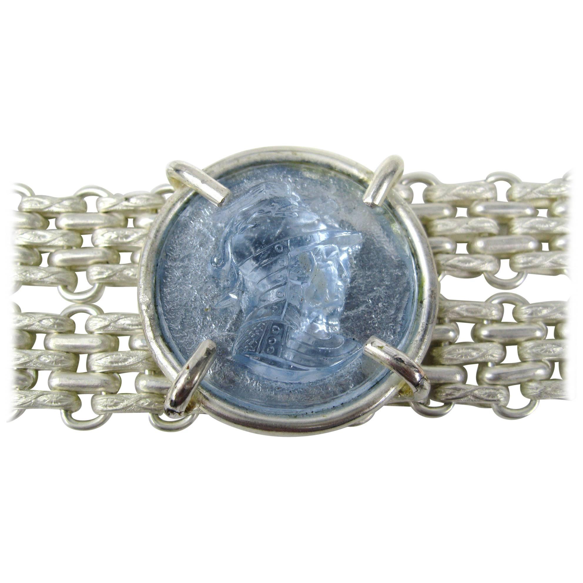 Stunning Double row of Silver on this Aurientis Gripoix Bracelet, Made in France.  Measures 7.5 in end to end. Intaglio measures 1.47 in and the bracelet 1.30 in wide. This French jewelry designer has a vast international customer base and is known