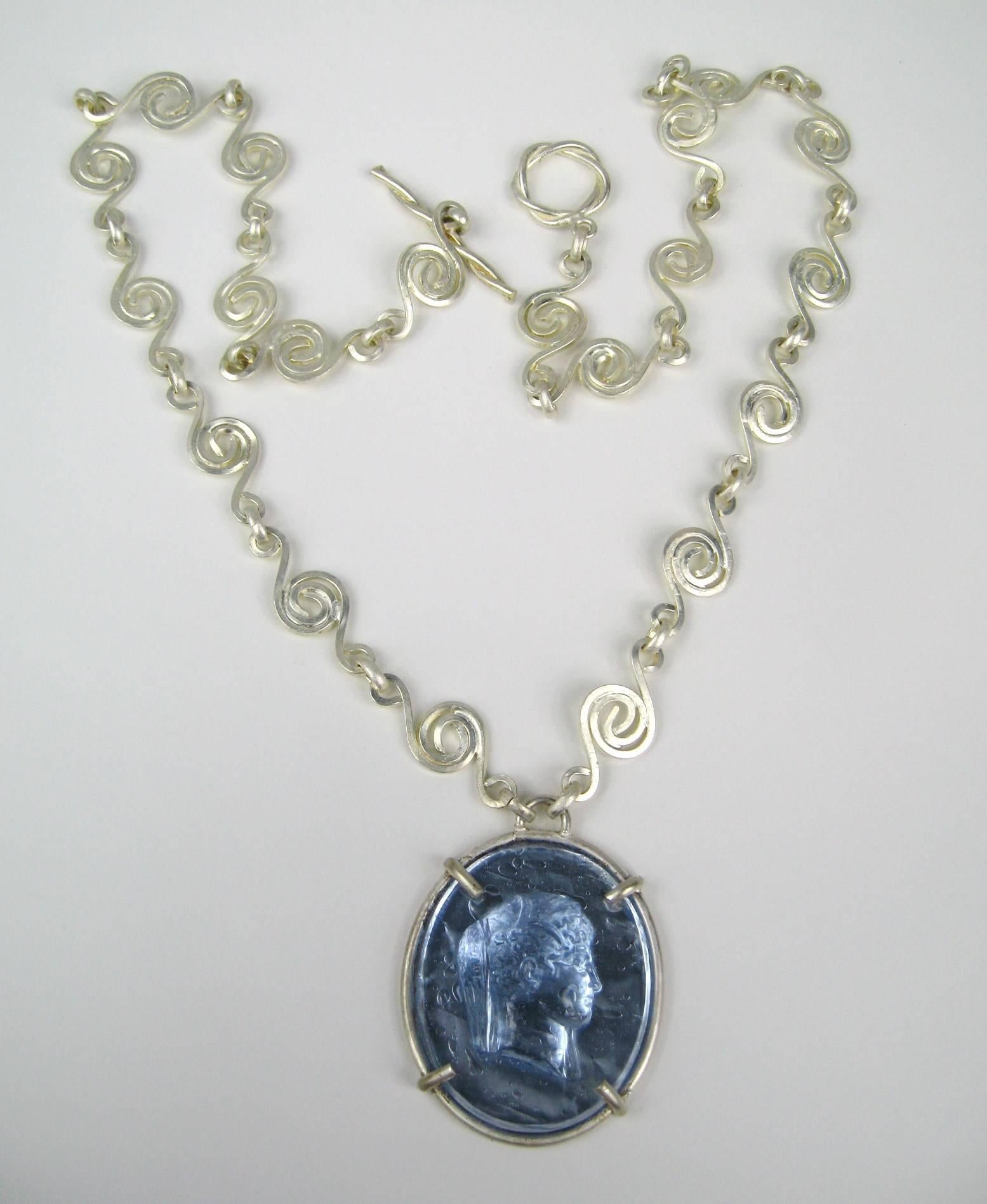 Dominique Aurientis Blue gripoix Intaglio Necklace, Never Worn -1980s In Excellent Condition For Sale In Wallkill, NY