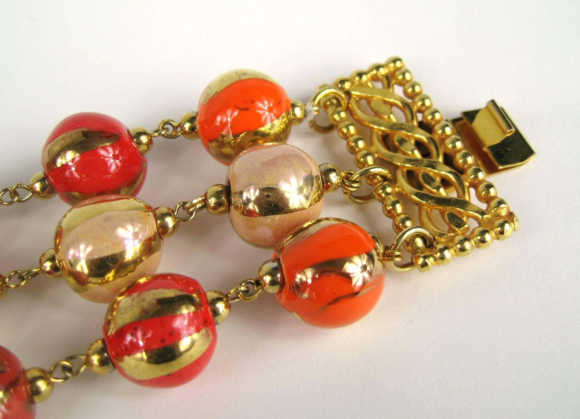 Dominique Aurientis Bracelet Orange Hand Painted 3 Strand Bead 1980s In New Condition For Sale In Wallkill, NY