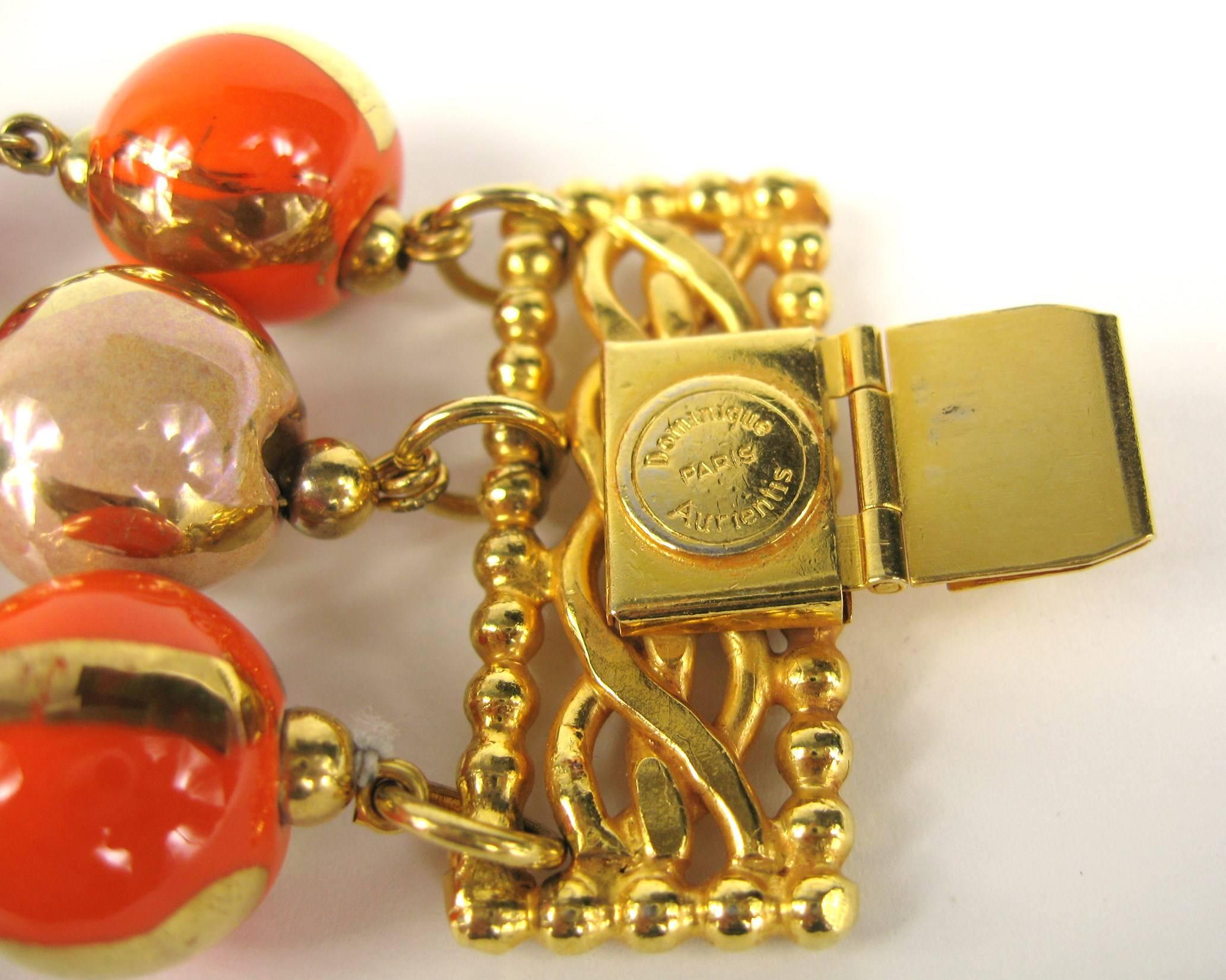 Dominique Aurientis Armband Orange, handbemalt, 3strängig, Perlen 1980er Jahre Damen im Angebot