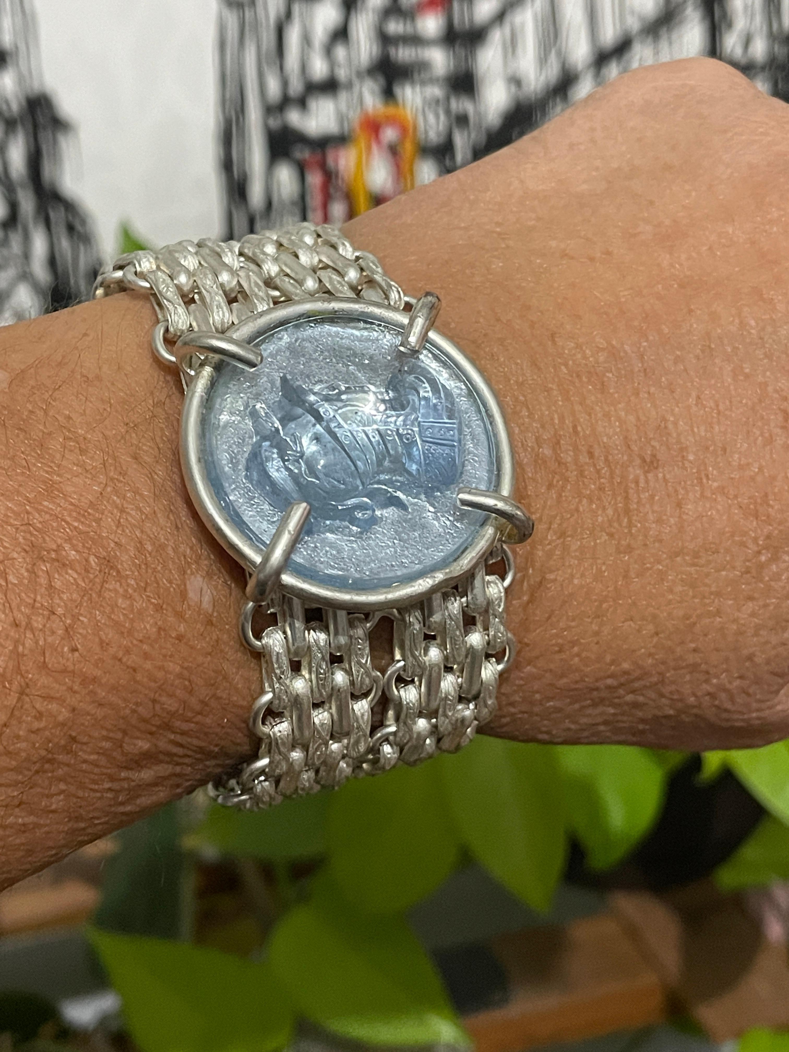 Dominique Aurientis Bracelet Silver Blue gripoix Glass Intaglio, 1980s For Sale 5