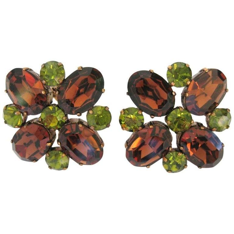 Women's Dominique Aurientis Brown Green Rhinestone Earrings, Never Worn 1980s For Sale
