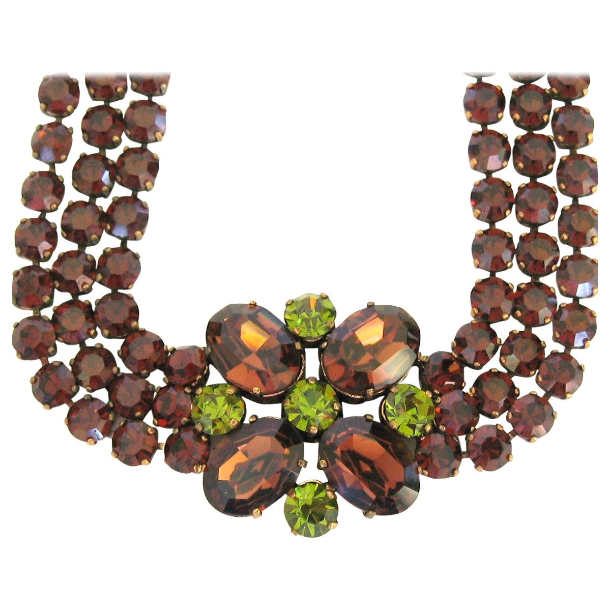 Dominique Aurientis Brown Green Rhinestone Necklace, Never Worn 1980s For Sale