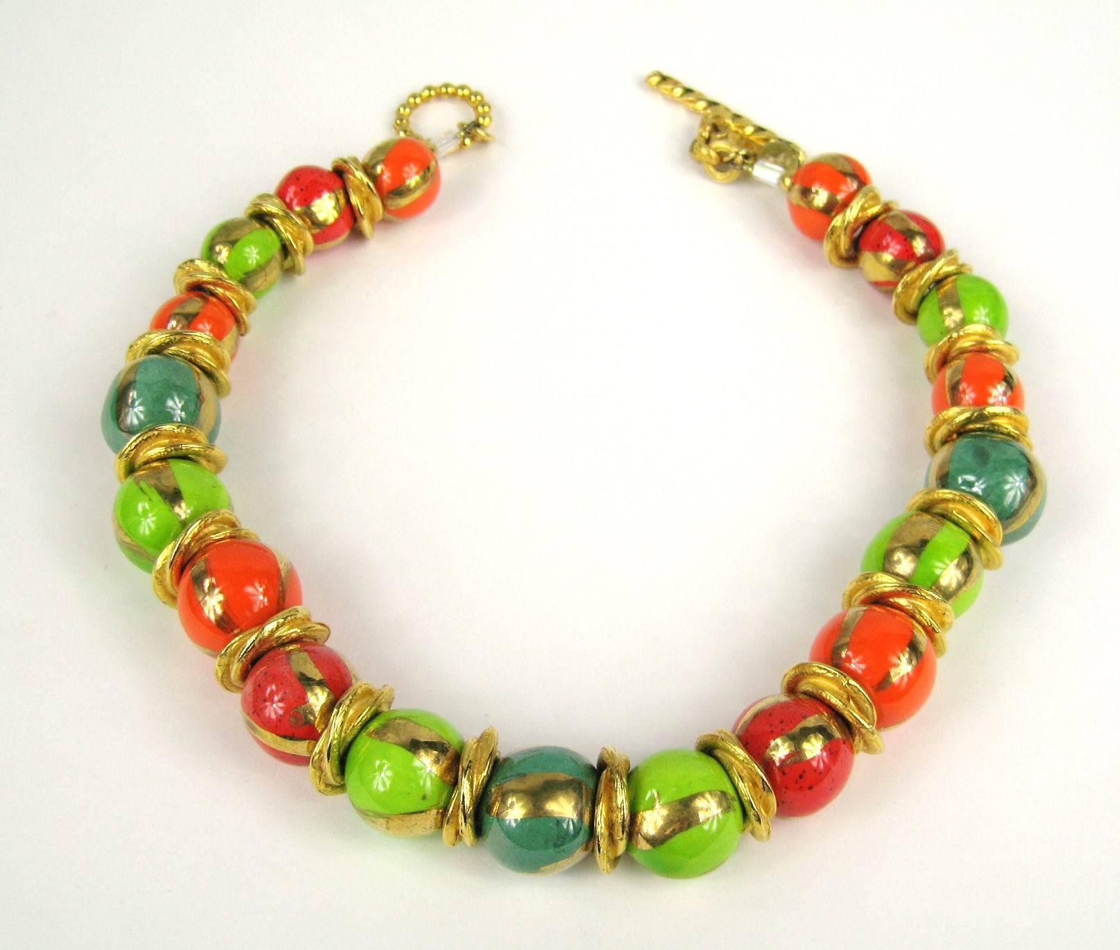 Dominique Aurientis French Hand Painted  Beaded Necklace New, Never Worn 1980s In New Condition For Sale In Wallkill, NY