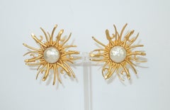 Dominique Aurientis Gilt Sunburst & Baroque Pearl Earrings, 1980's