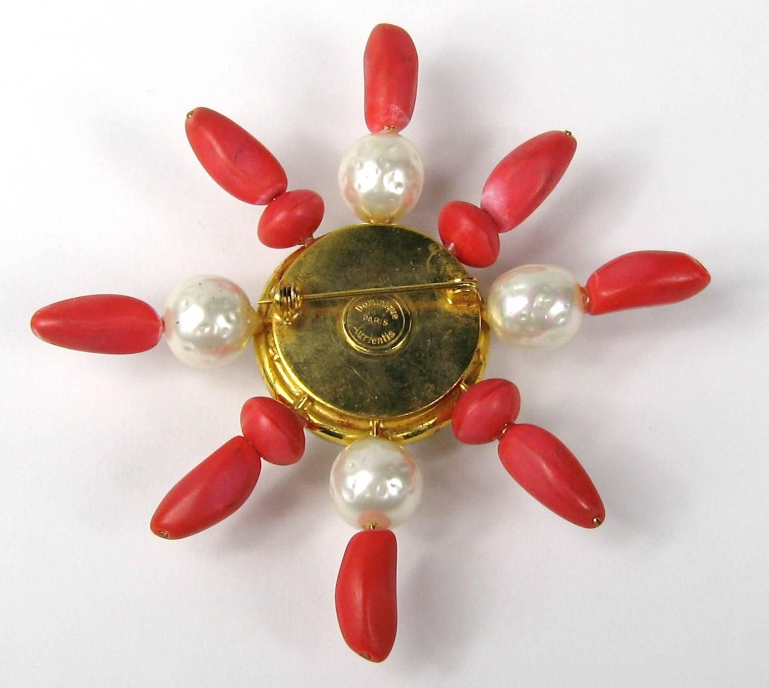 Dominique Aurientis Gold Gilt Baroque Pearl Coral Brooch, Never Worn 1980s In New Condition In Wallkill, NY