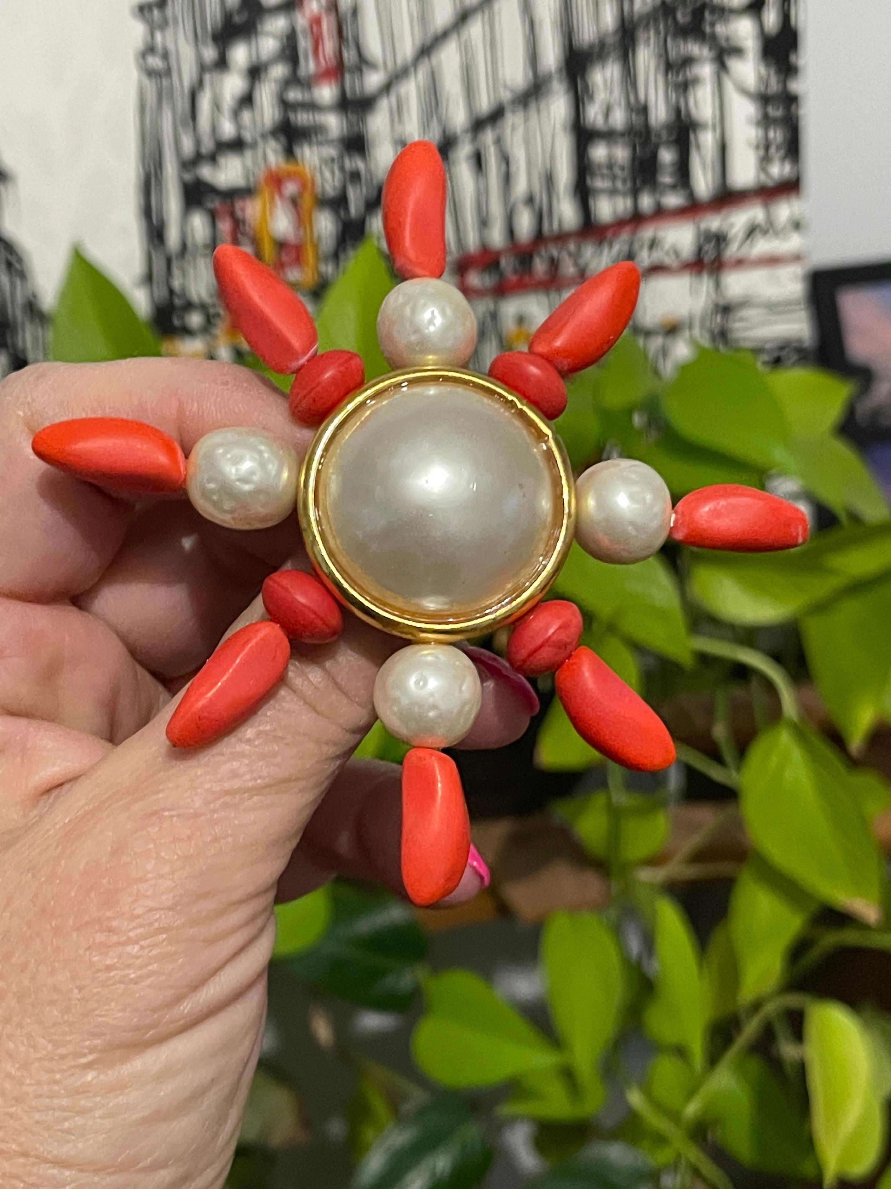 Dominique Aurientis Gold Gilt Baroque Pearl Coral Brooch, Never Worn 1980s 1