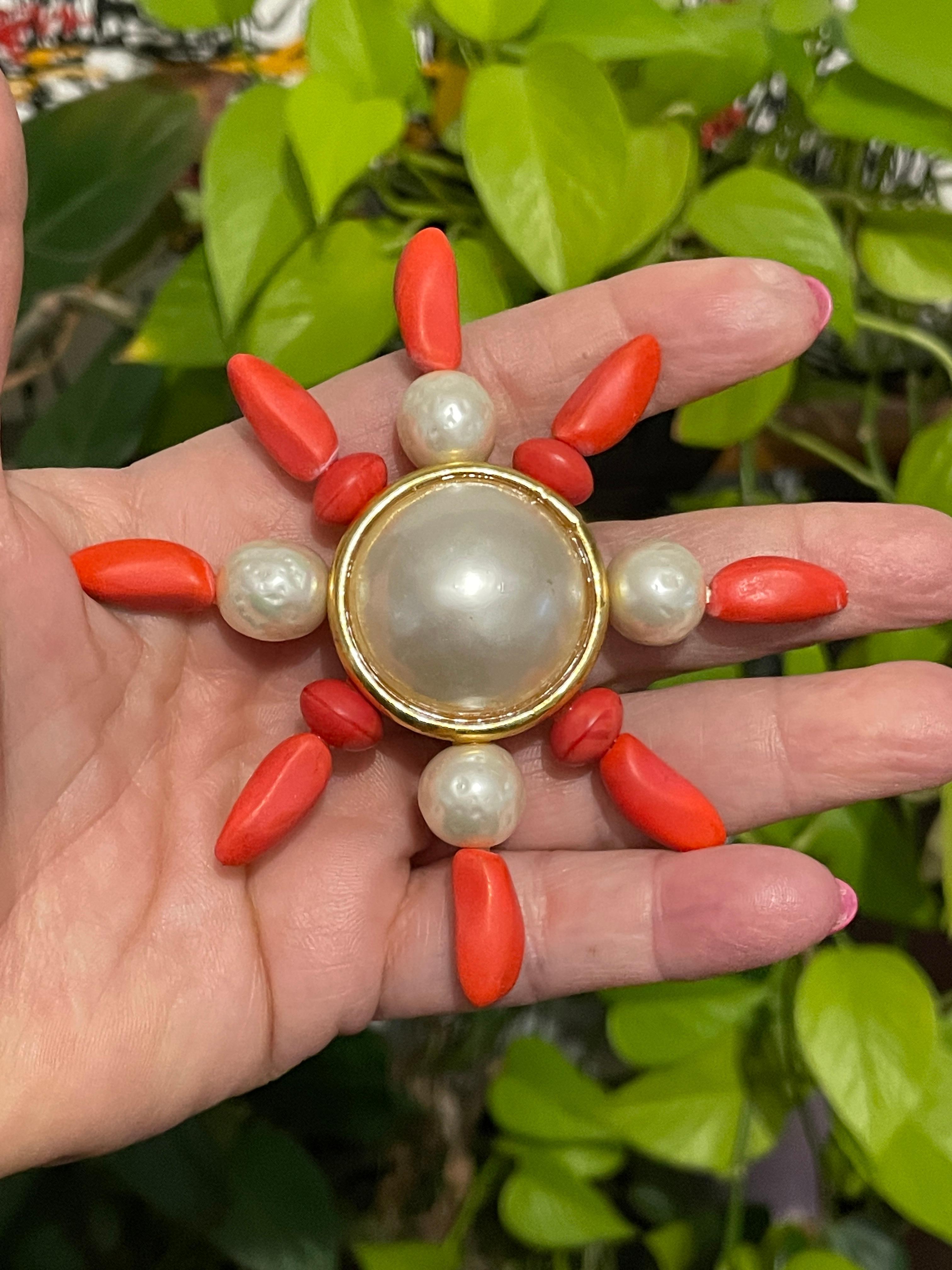 Dominique Aurientis Gold Gilt Baroque Pearl Coral Brooch, Never Worn 1980s 2