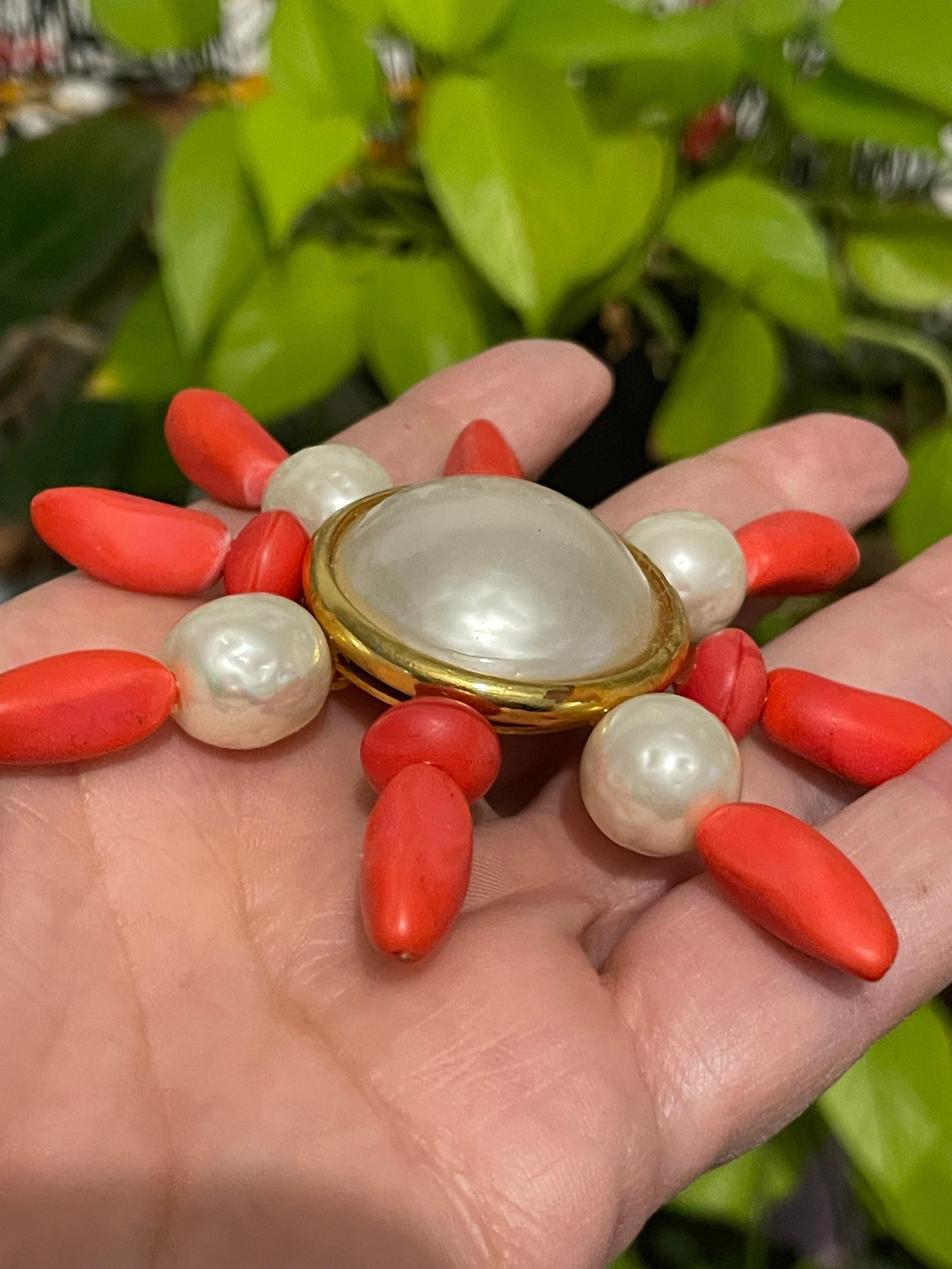 Dominique Aurientis Gold Gilt Baroque Pearl Coral Brooch, Never Worn 1980s 3