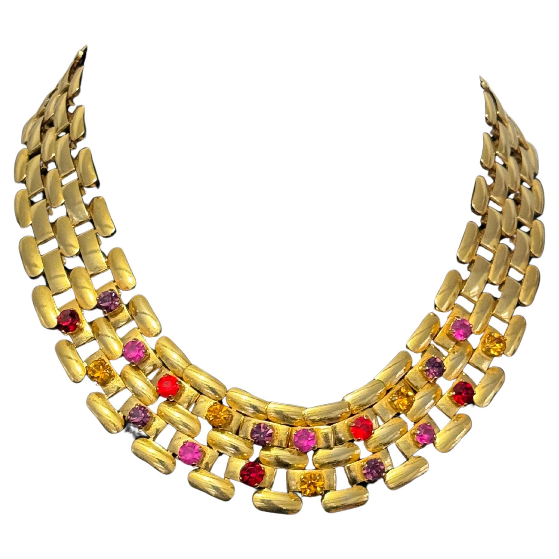 Dominique Aurientis Collier en or doré et cristal neuf, jamais porté, années 1980 en vente