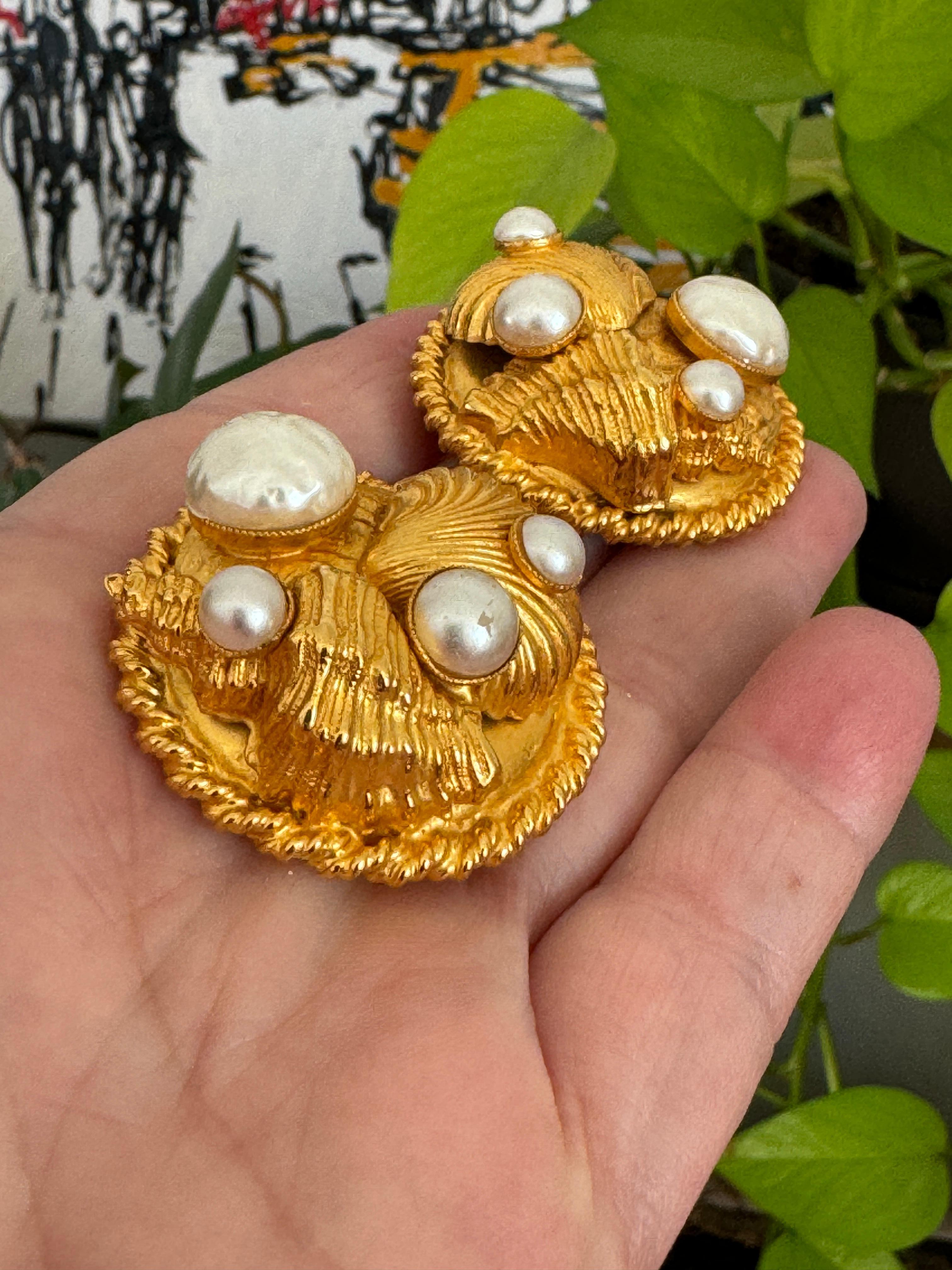  Dominique Aurientis Gold Gilt Sea shell Earrings New, Never Worn 1980s 1