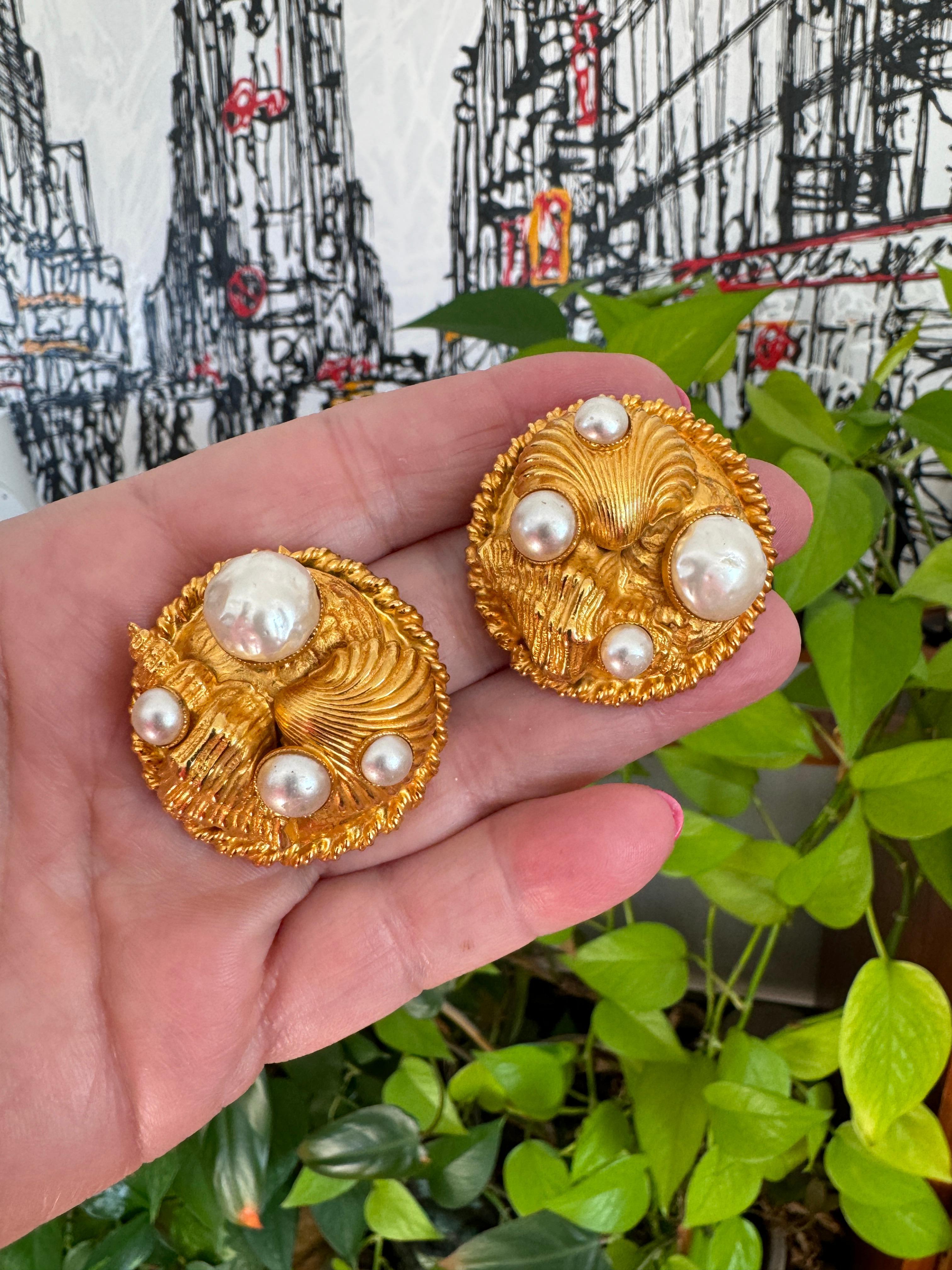  Dominique Aurientis Gold Gilt Sea shell Earrings New, Never Worn 1980s 2