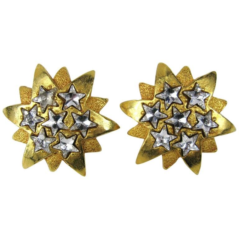 Dominique Aurientis Gold Gilt Star Massive Earrings New, Never worn 1980's  In New Condition For Sale In Wallkill, NY