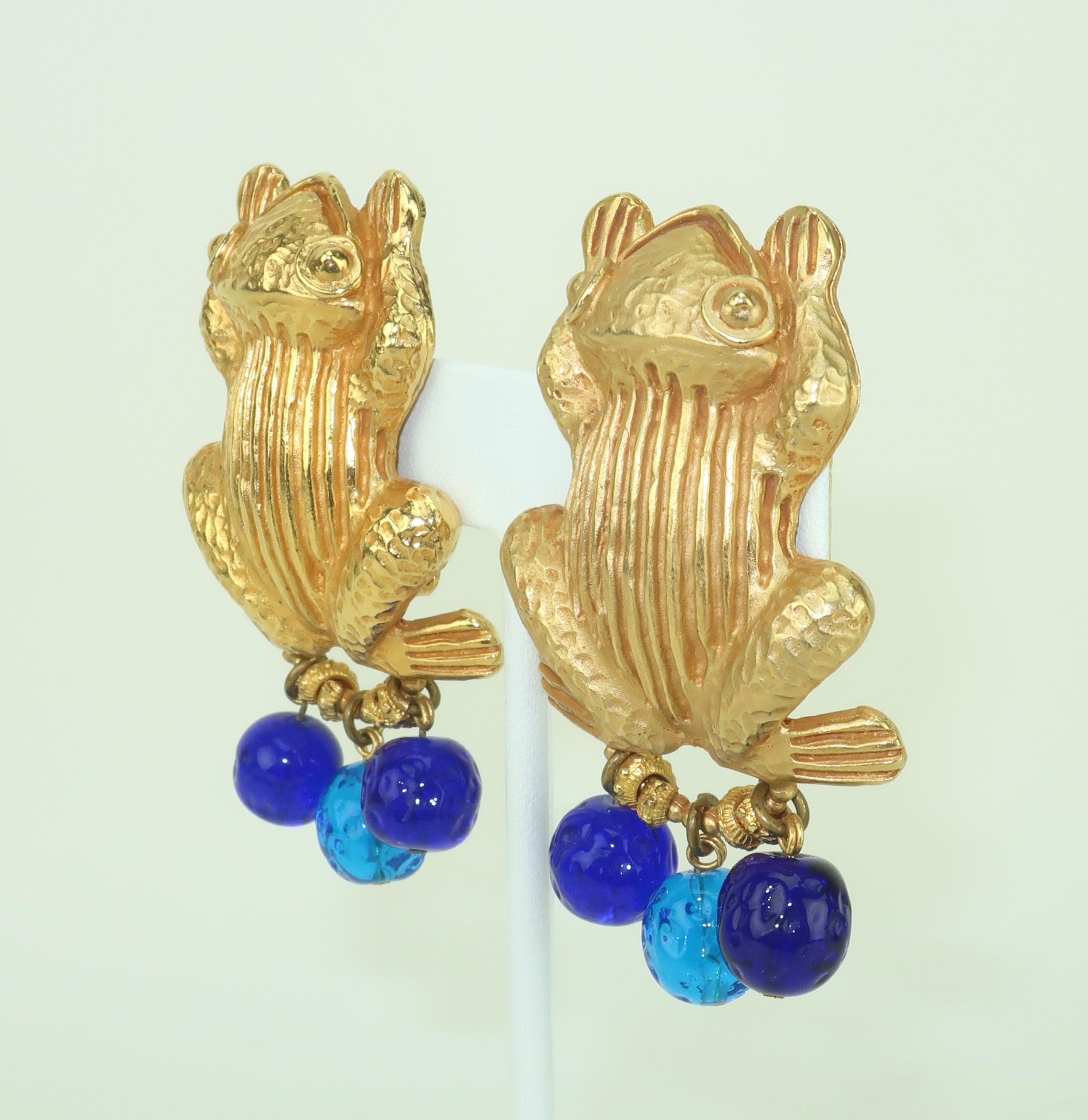 Artisan DOMINIQUE AURIENTIS Gold Plate Frog Earrings With Gripoix Glass Dangles, 1980’s