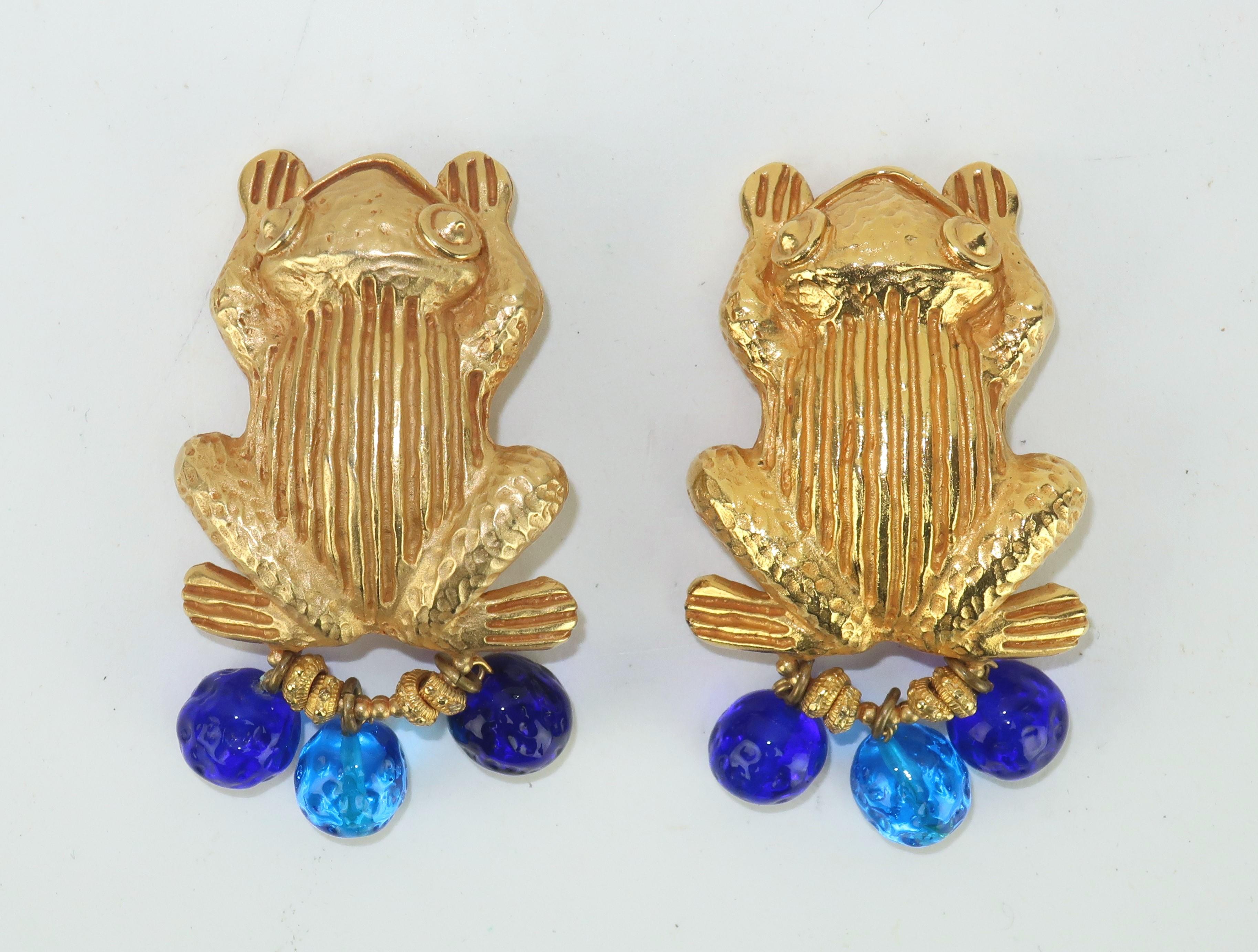 Women's DOMINIQUE AURIENTIS Gold Plate Frog Earrings With Gripoix Glass Dangles, 1980’s