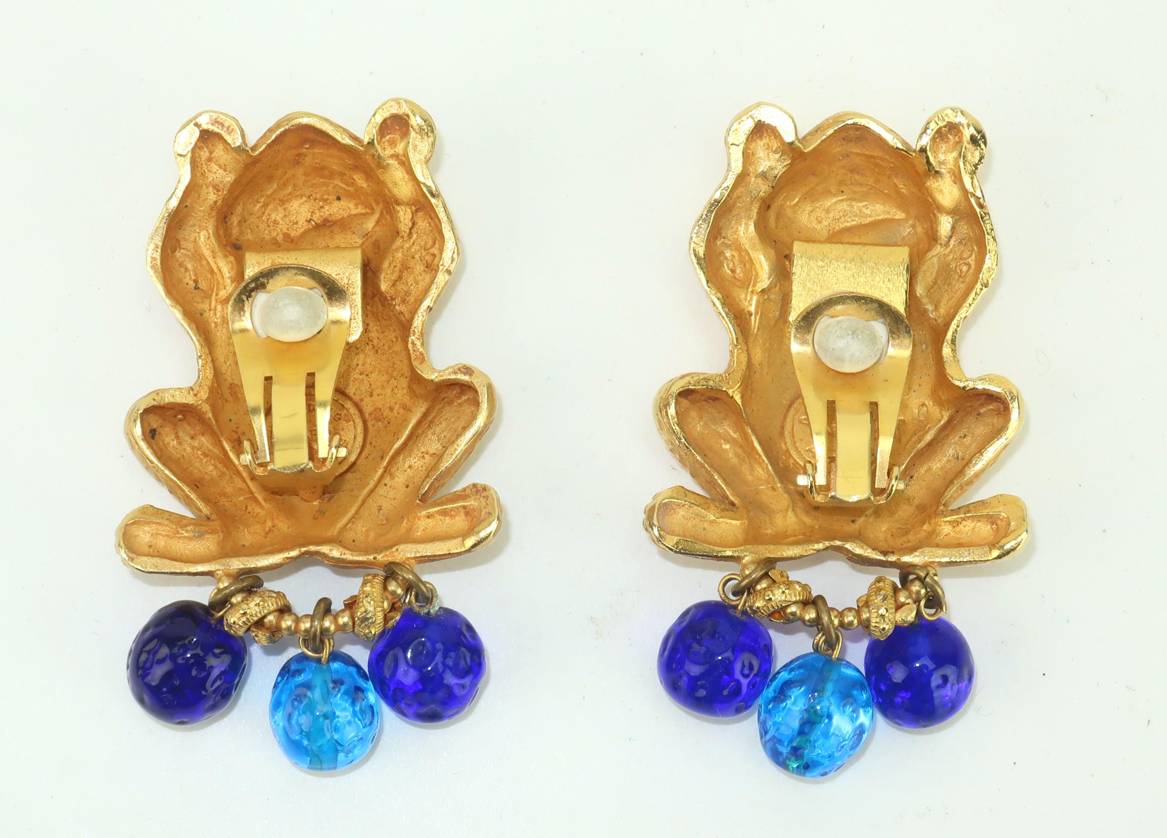 DOMINIQUE AURIENTIS Gold Plate Frog Earrings With Gripoix Glass Dangles, 1980’s 1