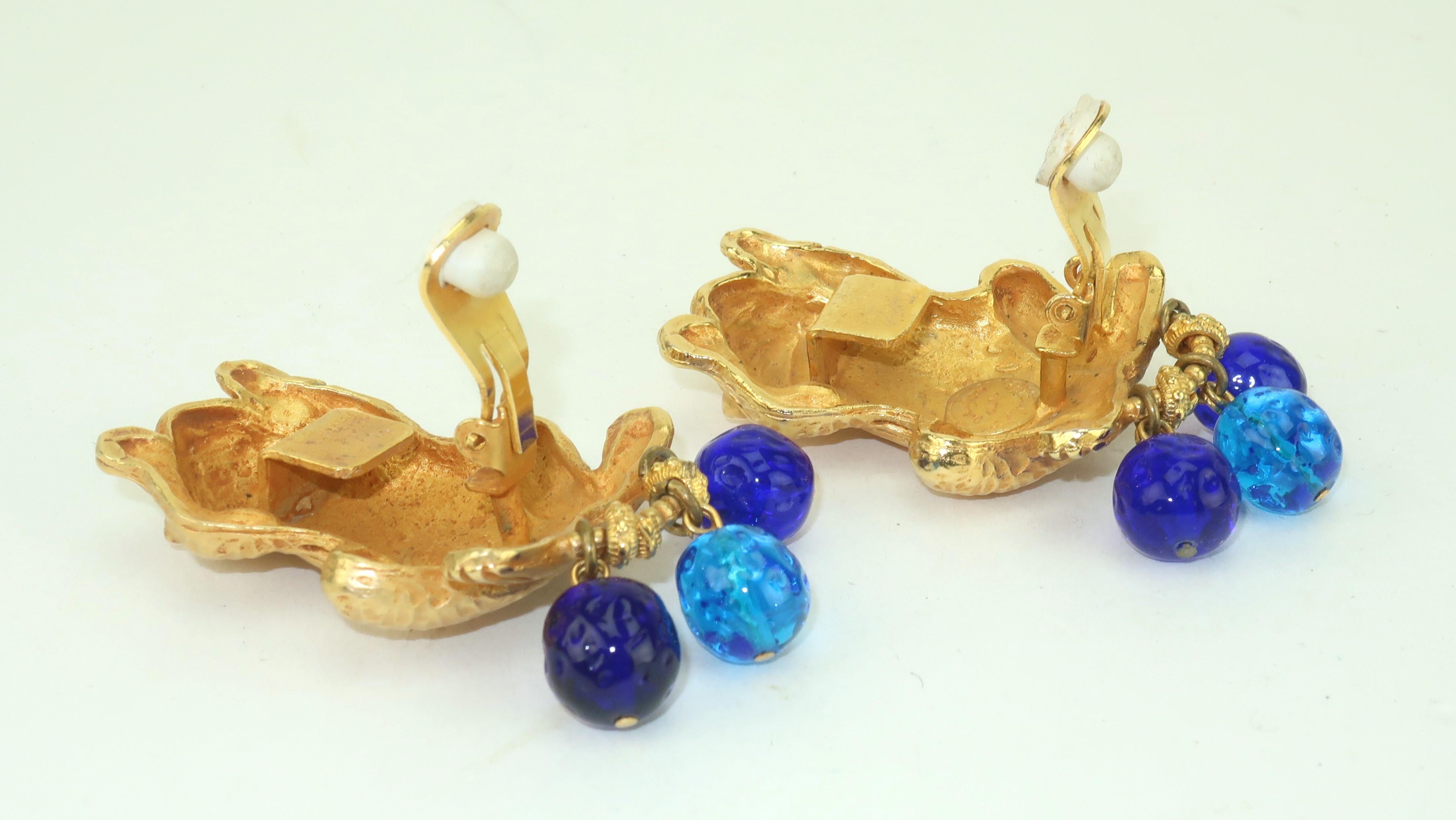 DOMINIQUE AURIENTIS Gold Plate Frog Earrings With Gripoix Glass Dangles, 1980’s 2