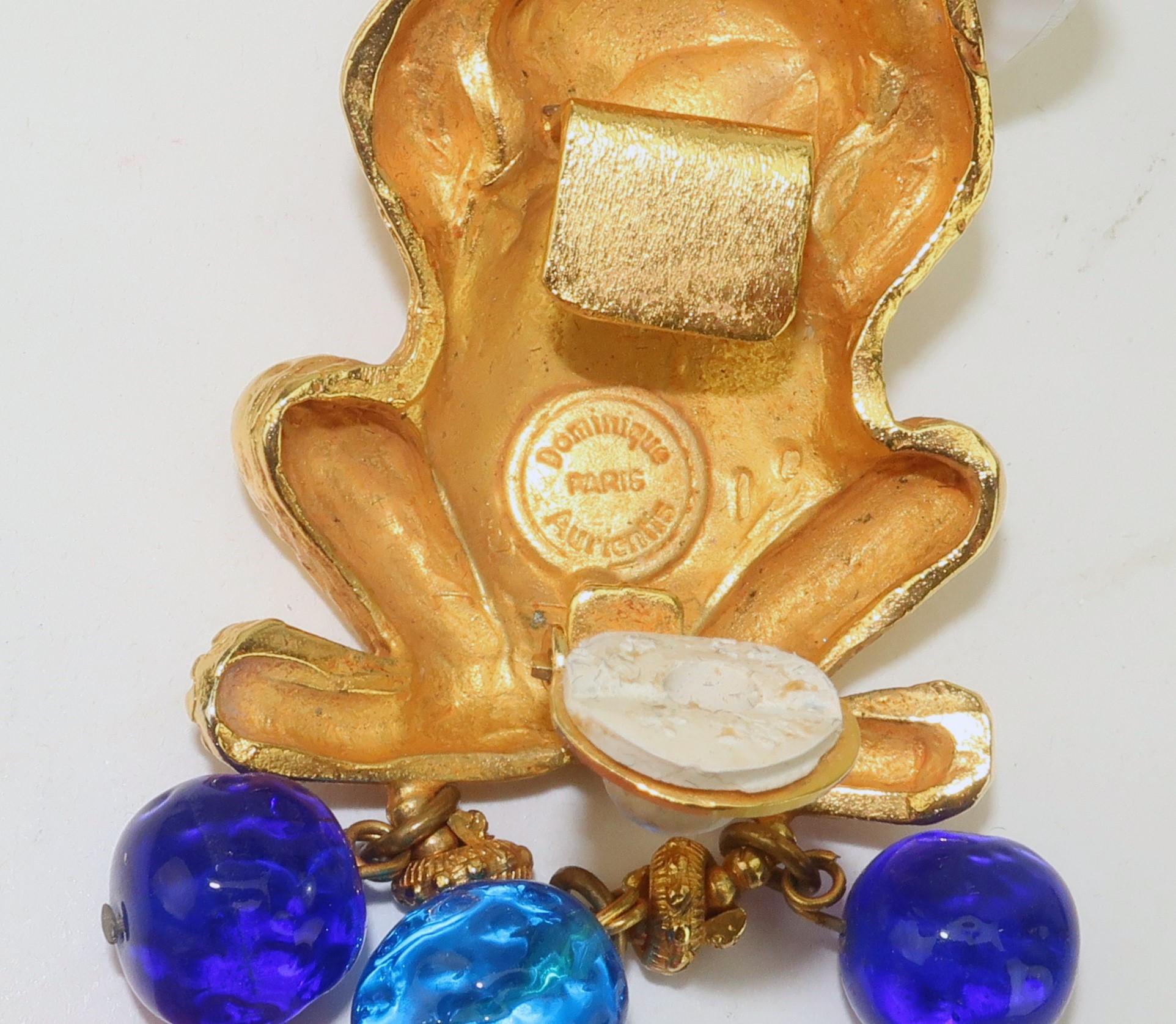 DOMINIQUE AURIENTIS Gold Plate Frog Earrings With Gripoix Glass Dangles, 1980’s 3