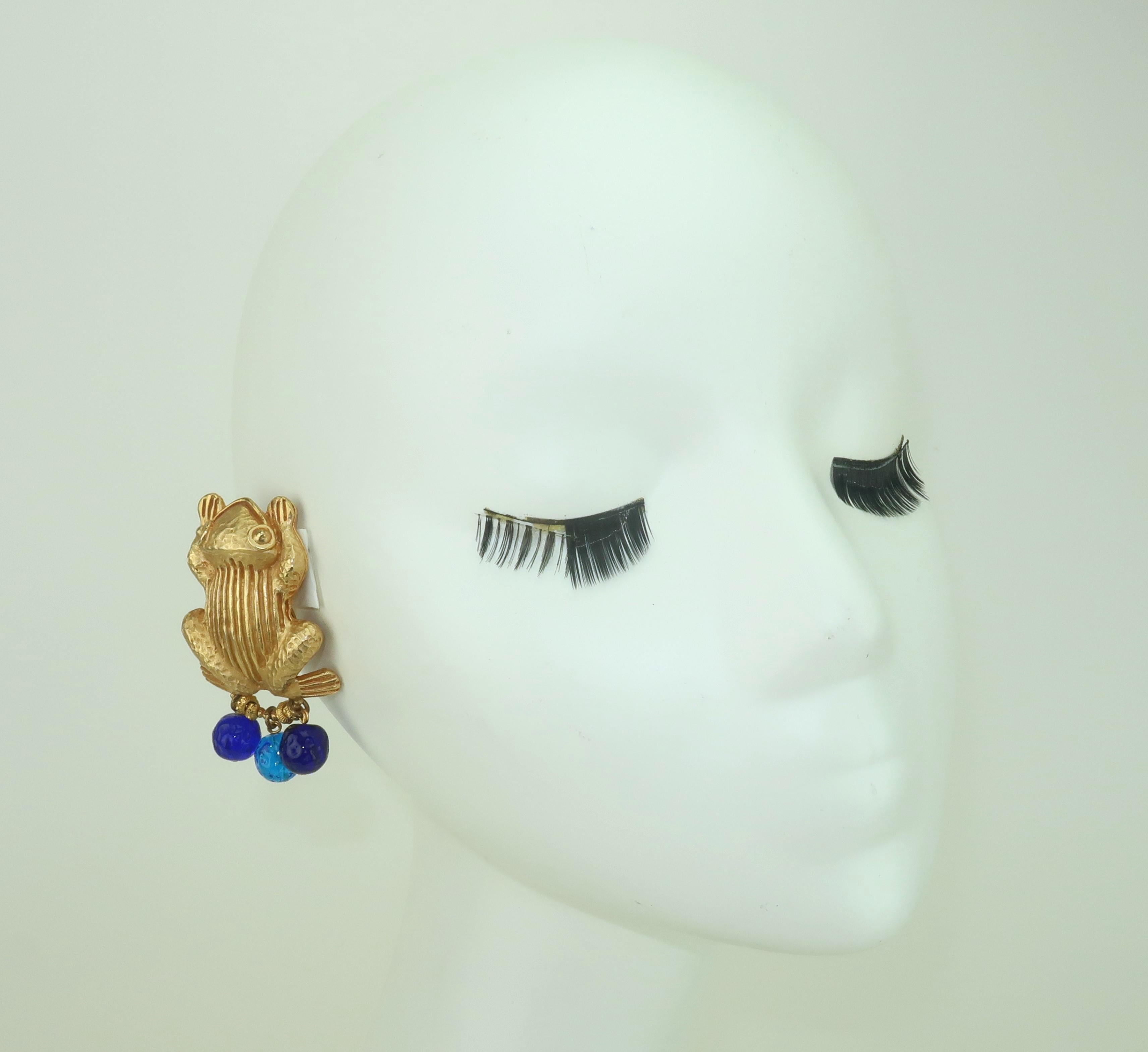 DOMINIQUE AURIENTIS Gold Plate Frog Earrings With Gripoix Glass Dangles, 1980’s 4
