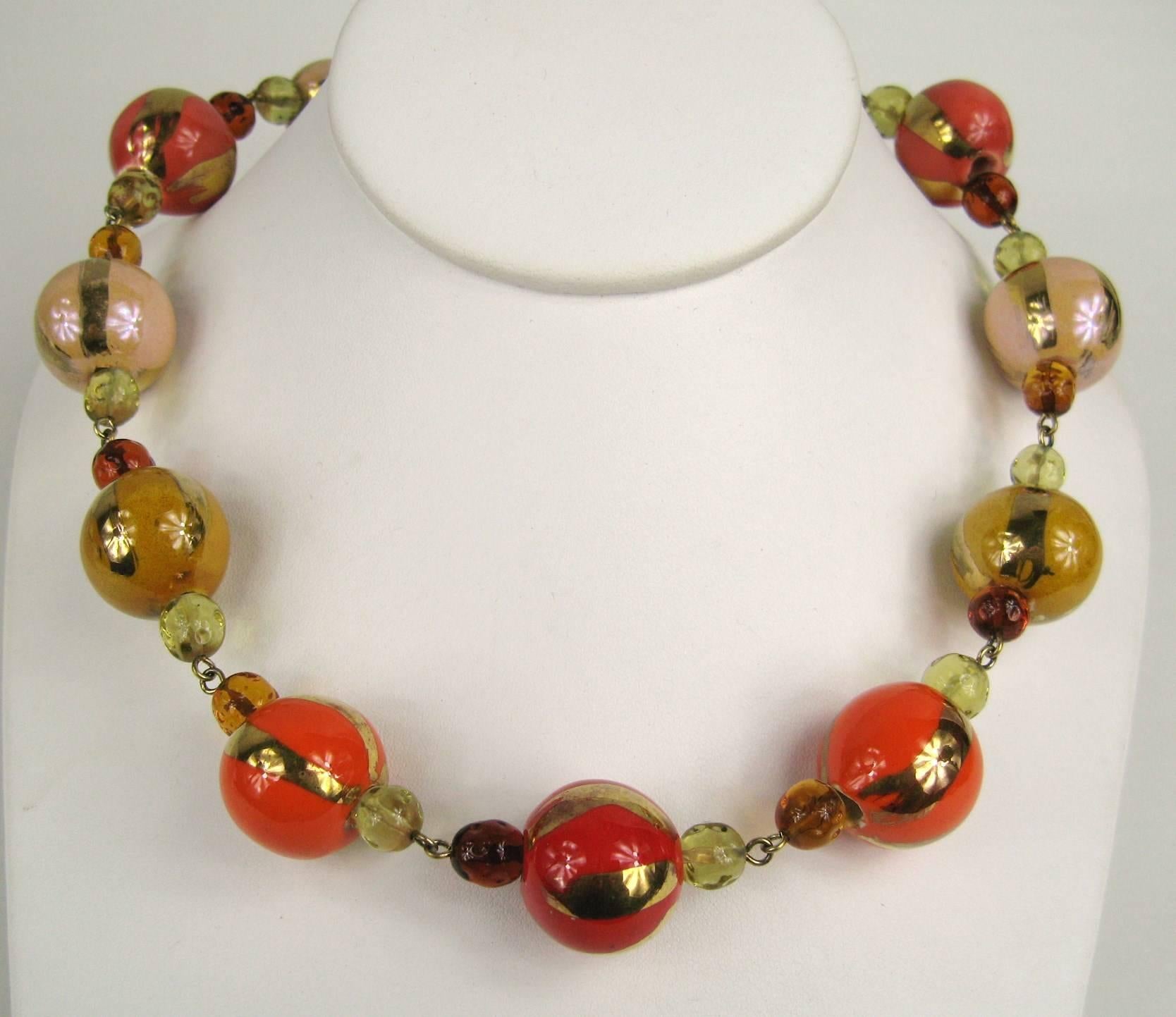 Women's Dominique Aurientis Gripoix Orange Gold Hand Painted Necklace, Never worn- 1980s For Sale