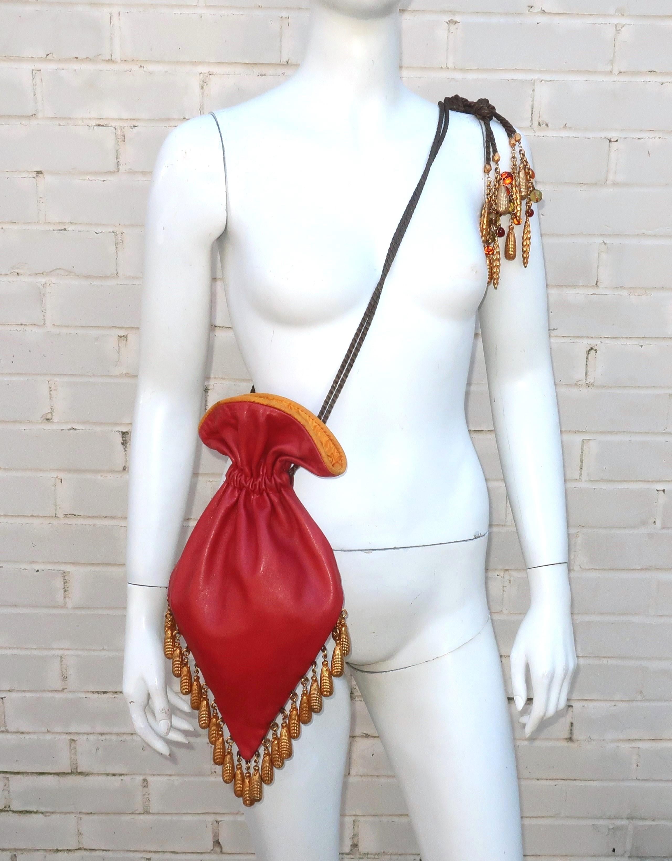 Dominique Aurientis Leather & Gold Tone Charm Drawstring Handbag, 1980's 8